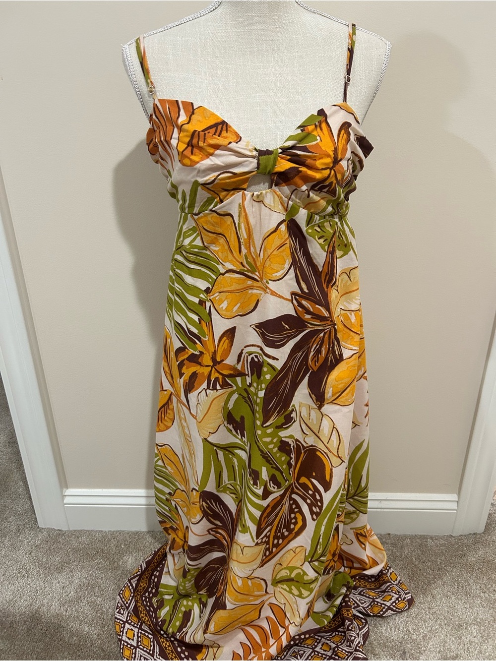 Tropical Print Spaghetti-Strap Maxi Dress in Mustard & Olive